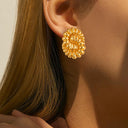 Women's Niche Chinese Style Earrings: Titanium Steel Geometric Flower Pattern Hoops, Threaded Detail Casual Accessories
