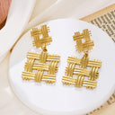 Irregular Titanium Steel Stud Earrings, Exaggerated and High - end Fashion Dangle Earrings, Golden Geometric Braided Titanium Steel Earrings for Women