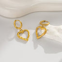 Stainless Steel Earrings - 18K Gold Plated Heart Dangles, Vintage Hammered & Ruffled Titanium Steel Heart Jewelry for Women