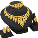 Nigerian & Middle Eastern Bridal Gold-Plated Jewelry Set, Exaggerated Long Floral Necklace with Ring, Bracelet and Earrings, 4-Piece Wholesale