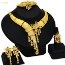 Nigerian & Middle Eastern Bridal Gold-Plated Jewelry Set, Exaggerated Long Floral Necklace with Ring, Bracelet and Earrings, 4-Piece Wholesale