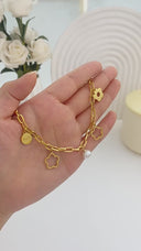 INS-Style 18K Gold-Plated Bracelet - Stainless Titanium Steel Pearl Five-Leaf Flower Charm