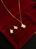 Sterling Silver Geometric Mother-of-Pearl Jewelry Set - Gold-Tone Necklace and Earrings with Zircon Accents, Elegant Fashion Accessory for WomenV