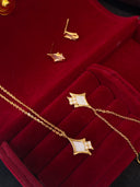 Sterling Silver Geometric Mother-of-Pearl Jewelry Set - Gold-Tone Necklace and Earrings with Zircon Accents, Elegant Fashion Accessory for WomenV