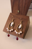 Niche Baroque Pearl Sterling Silver Earrings - Gold-Tone Hoop with Red Droplet Design, Artisan Vintage Statement Jewelry for Women