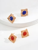 Niche Vintage Court Sterling Silver Earrings - Lapis Lazuli & Red Agate Studs, Ornate Retro Statement Jewelry for Women