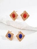 Niche Vintage Court Sterling Silver Earrings - Lapis Lazuli & Red Agate Studs, Ornate Retro Statement Jewelry for Women