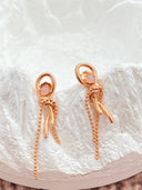 Niche Knot Tassel Sterling Silver Earrings - Pink Opal Accent Gold-Tone Design, Elegant Statement Jewelry for Women