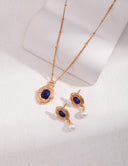Niche Lapis Lazuli & Pearl Sterling Silver Set - Gold-Tone Necklace and Earrings, Vintage Elegant Statement Jewelry for Women