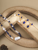 Niche Lapis Lazuli & Pearl Sterling Silver Set - Gold-Tone Necklace and Earrings, Vintage Elegant Statement Jewelry for Women