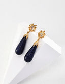 Niche Blue Sandstone Sterling Silver Earrings - Teardrop Gold-Tone Zircon Design, Vintage Statement Jewelry for Women