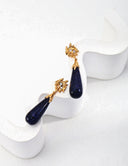 Niche Blue Sandstone Sterling Silver Earrings - Teardrop Gold-Tone Zircon Design, Vintage Statement Jewelry for Women