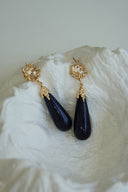 Niche Blue Sandstone Sterling Silver Earrings - Teardrop Gold-Tone Zircon Design, Vintage Statement Jewelry for Women