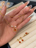 Niche Carnelian Sterling Silver Jewelry Set - Gold-Tone Pearl-Accented Necklace, Earrings, and Ring, Vintage Statement Jewelry for Women