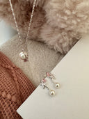 Niche Star Pearl Sterling Silver Set - Pink Zircon-Detailed Necklace and Earrings, Dainty Statement Jewelry for Women