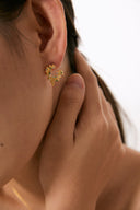 Niche Textured Sterling Silver Earrings - Gold-Tone Emerald Zircon C-Hoop Design, Artistic Statement Jewelry for Women