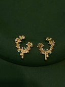 Niche Textured Sterling Silver Earrings - Gold-Tone Emerald Zircon C-Hoop Design, Artistic Statement Jewelry for Women