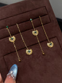 Niche Asymmetric Sunburst Sterling Silver Earrings - Gold-Tone Emerald Zircon Tassel Design, Artistic Statement Jewelry for Women