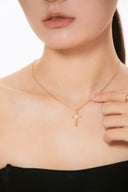 Niche Textured Cross Sterling Silver Necklace - Zircon-Accented Two-Tone Design, Religious Statement Jewelry for Women