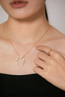 Niche Textured Circle Sterling Silver Necklace - Zircon-Accented Two-Tone Design, Vintage Statement Jewelry for Women