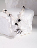 Niche Pearl Onyx Sterling Silver Necklace - Floral Gold-Tone Boho-Chic Design, Elegant Statement Jewelry for Women