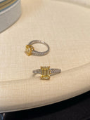 AAAAAANiche Yellow Emerald-Cut Sterling Silver Ring - Zircon-Accented Two-Tone Design, Luxe Statement Jewelry for Women