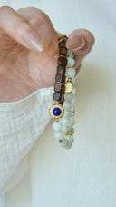 Niche Multi-Stone Agarwood Sterling Silver Bracelet Set - Gold-Tone Chinese Design, Lucky Statement Jewelry for Women