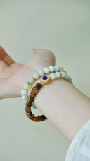 Niche Multi-Stone Agarwood Sterling Silver Bracelet Set - Gold-Tone Chinese Design, Lucky Statement Jewelry for Women