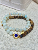 Niche Multi-Stone Agarwood Sterling Silver Bracelet Set - Gold-Tone Chinese Design, Lucky Statement Jewelry for Women