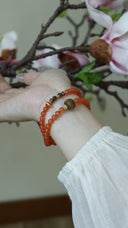Niche Carnelian Agarwood Sterling Silver Bracelet Set - Gold-Tone Chinese Design, Lucky Statement Jewelry for Women