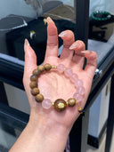 Niche Rose Quartz Agarwood Sterling Silver Bracelet - Gold-Tone Chinese Design, Romantic Lucky Statement Jewelry for Women