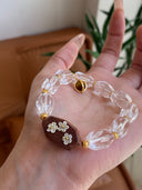 Niche Clear Quartz Floral Charm Sterling Silver Bracelet - Gold-Tone Boho-Chic Elegant Design, Statement Jewelry for Women